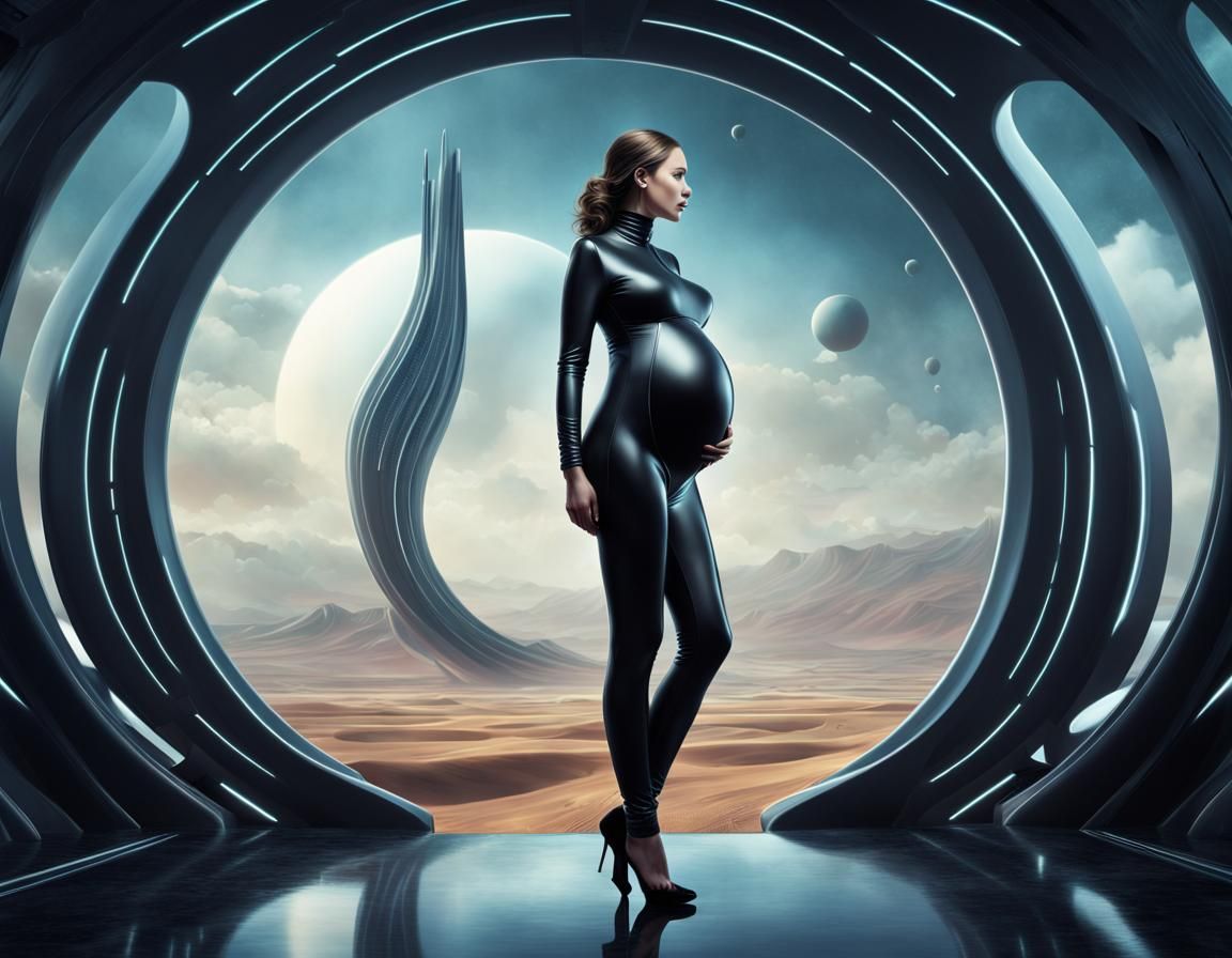 Futuristic Pregnant Woman in Catsuit: Digital Matte Painting