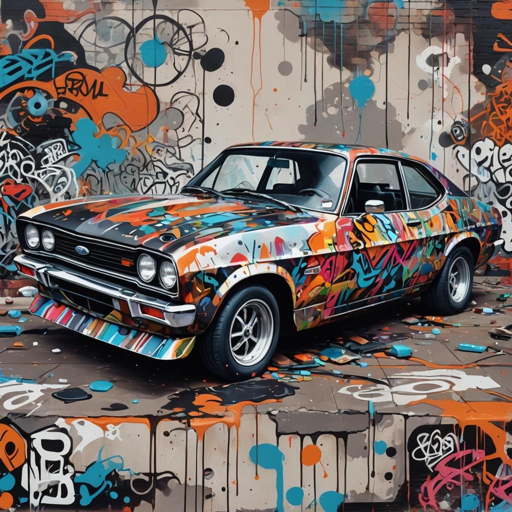 Graffiti-Covered Retro Ford Capri in Street Art Style
