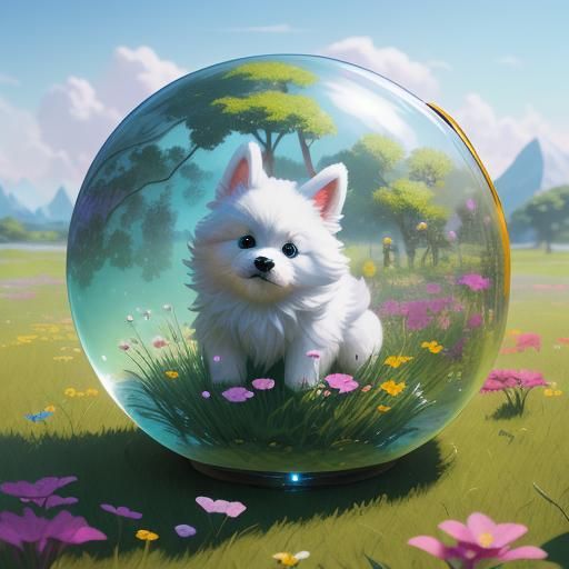 Cute Puppy in Glass Ball, Hyperrealistic Fantasy Art