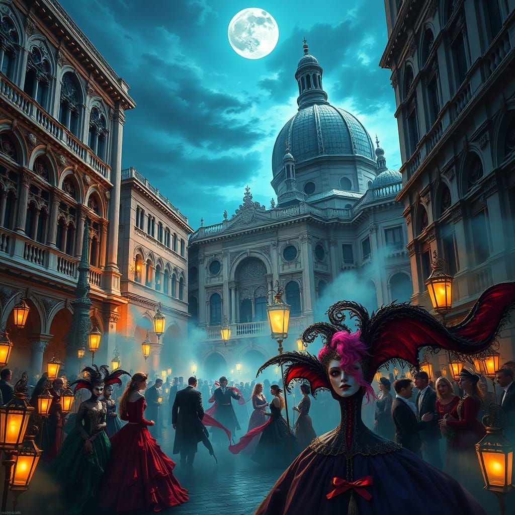 Fantastical Venice Carnival Masquerade in Vibrant Gothic Sty...