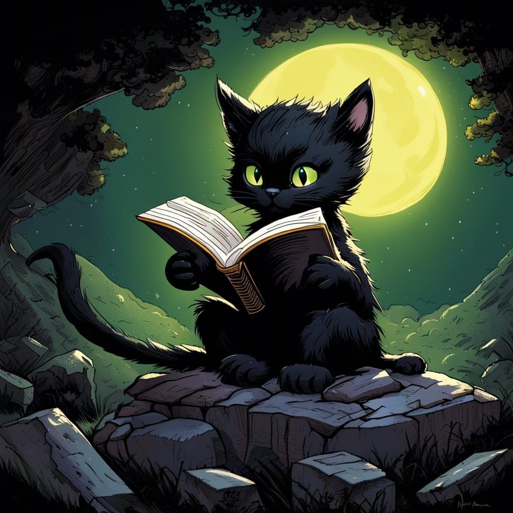 Kitten Reads Nietzsche by Moonlight, Comic Book Art