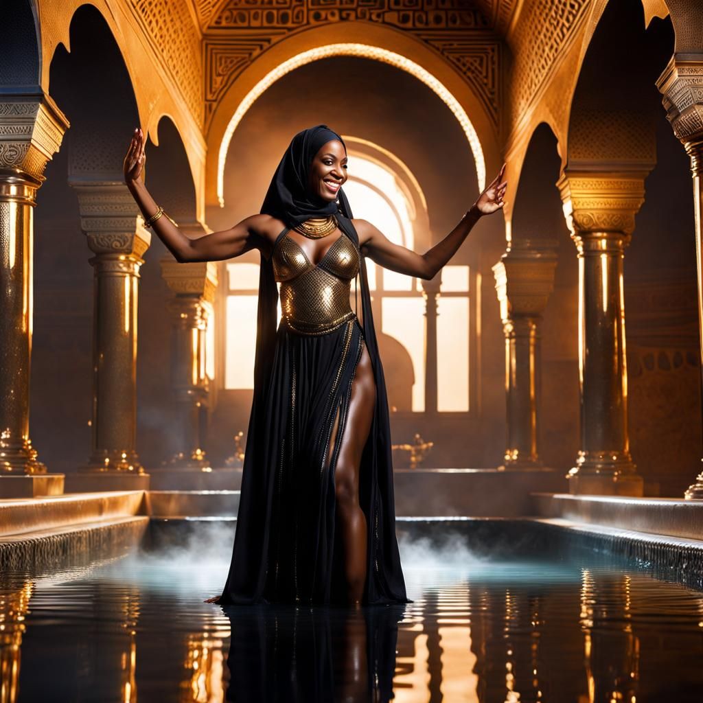 A smiling Nubian deep black female genie dancing in front of her own reflection in a Roman bath, sweaty wet skin, transp...