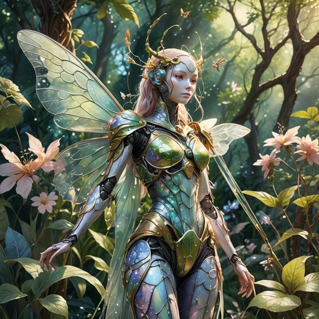 Elegant Insect Humanoid in Lush Garden