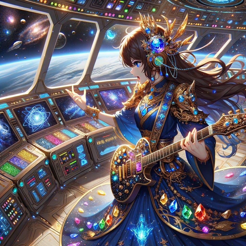 Anime Woman in Cosmic Armor Playing Guitar