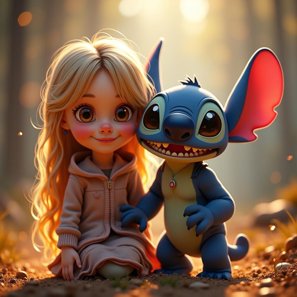 Blond Girl Smiling with Stitch in Whimsical Fantasy Scene
