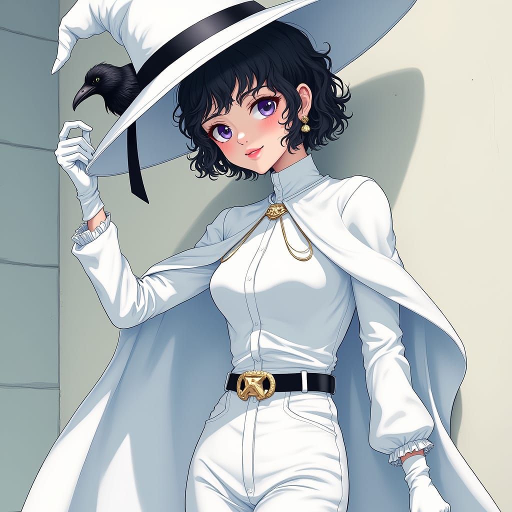 Anime-Inspired Teenage Girl in White Attire, Leaning Against...