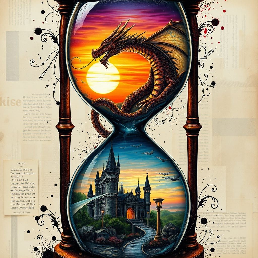 Whimsical Dragon Castle Scene in a Melting Hourglass