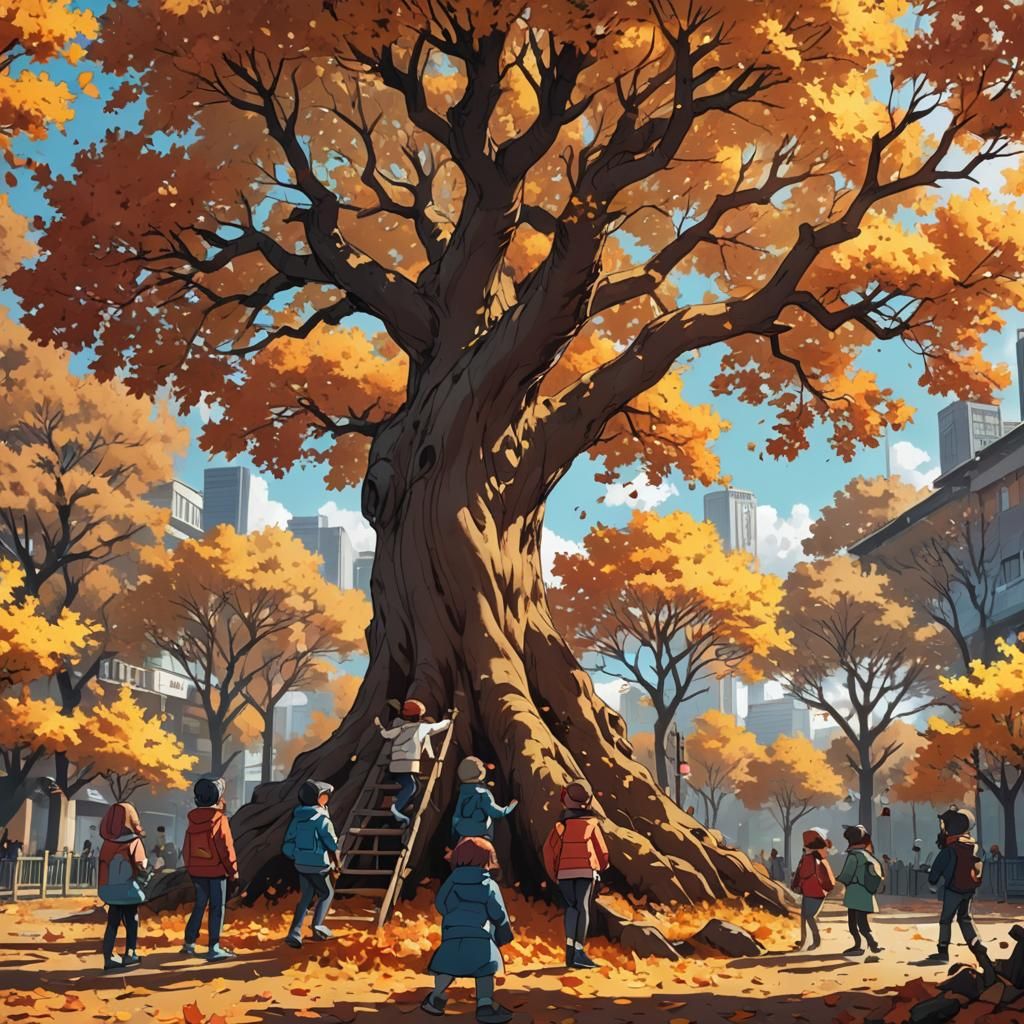 Children Playing Around Autumn Tree in Anime Style