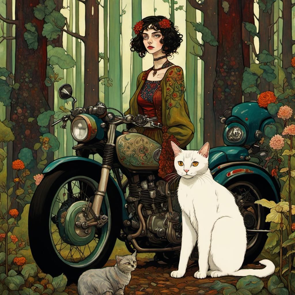 Fairy, Cat, and Motorcycle in Symbolist Style
