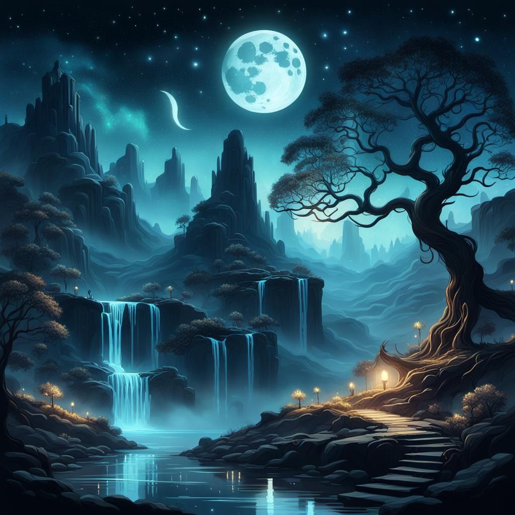 Mystical Moonlit Landscape in Art Nouveau Style