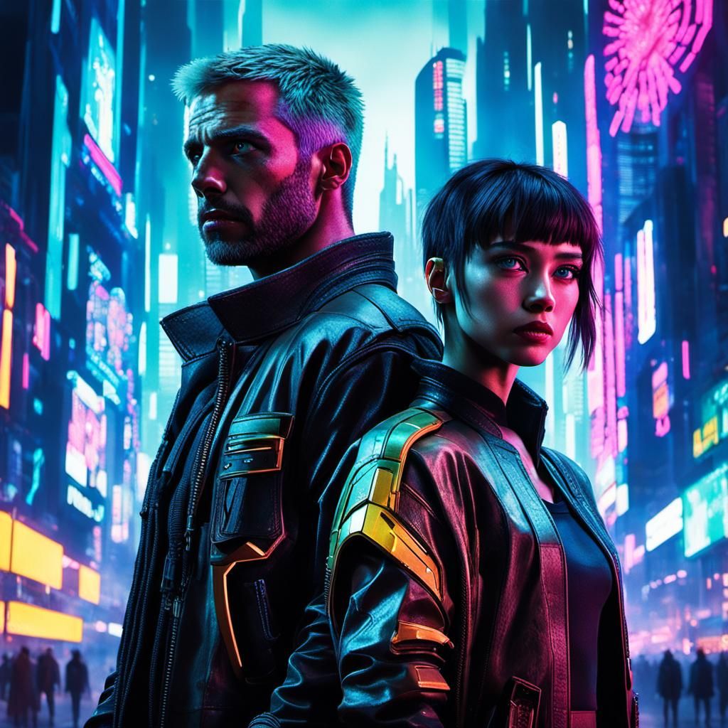Cyberpunk Angels Guarding Neon Cityscape