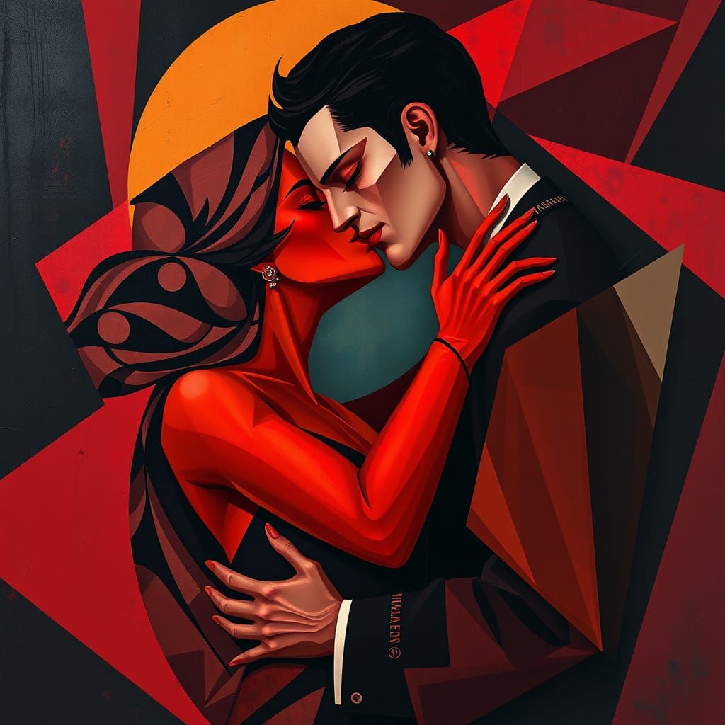 Romantic Vampire Couple in Art Deco Cubist Style