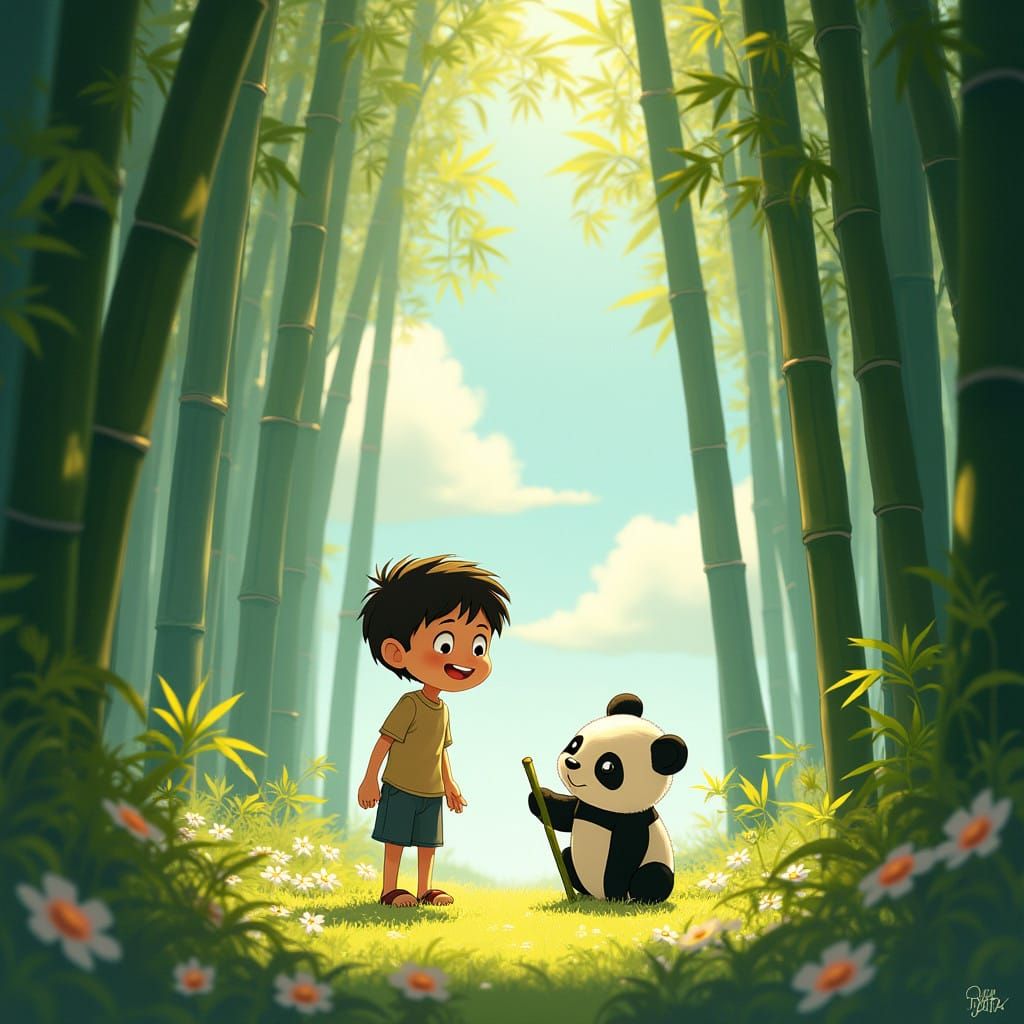 Curious Boy Explores Whimsical Bamboo Forest