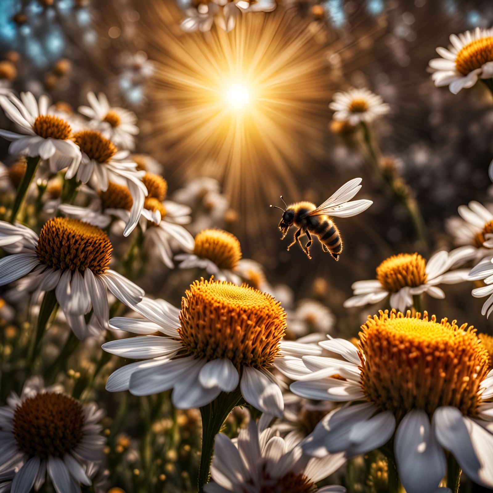 God Crafts Flowers in Sunlit, Hyperrealistic Scene