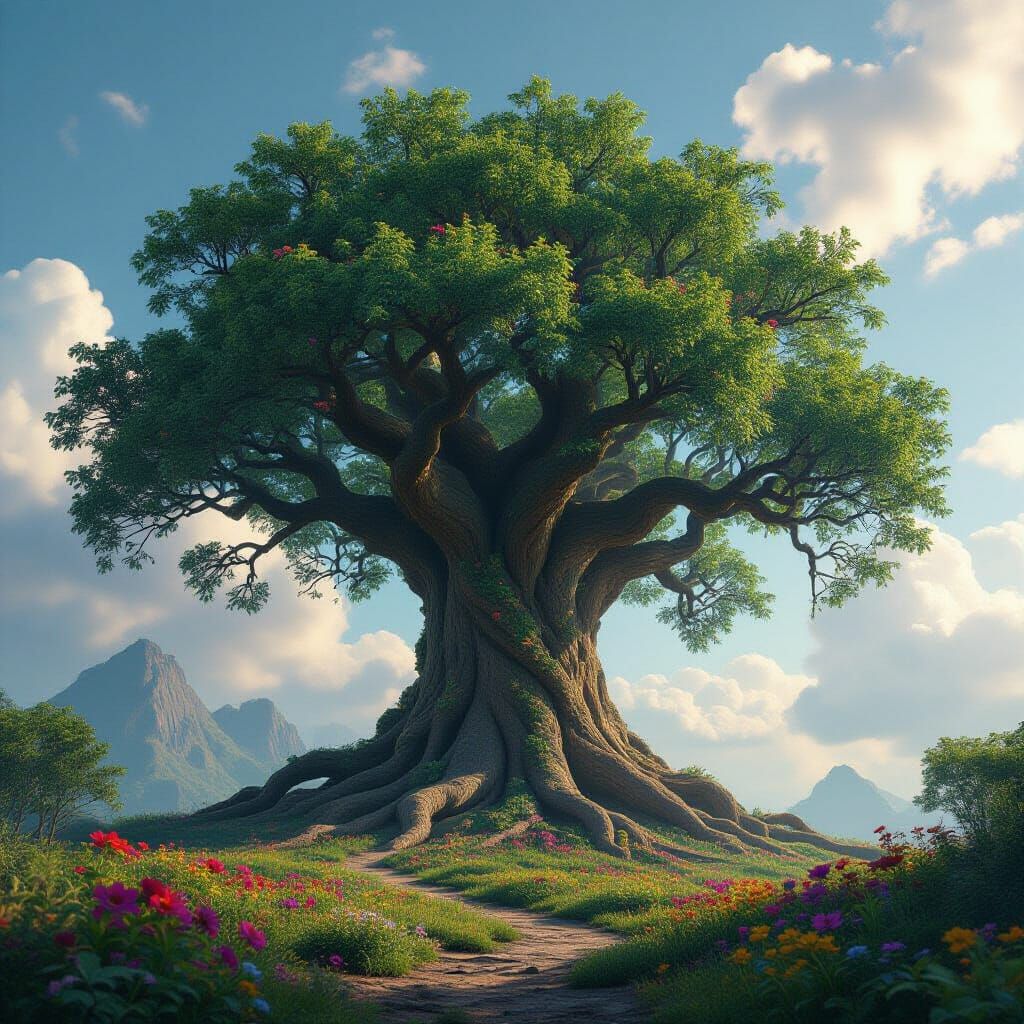 Ancient Tree of Life with Wildflowers, Fantasy Concept Art