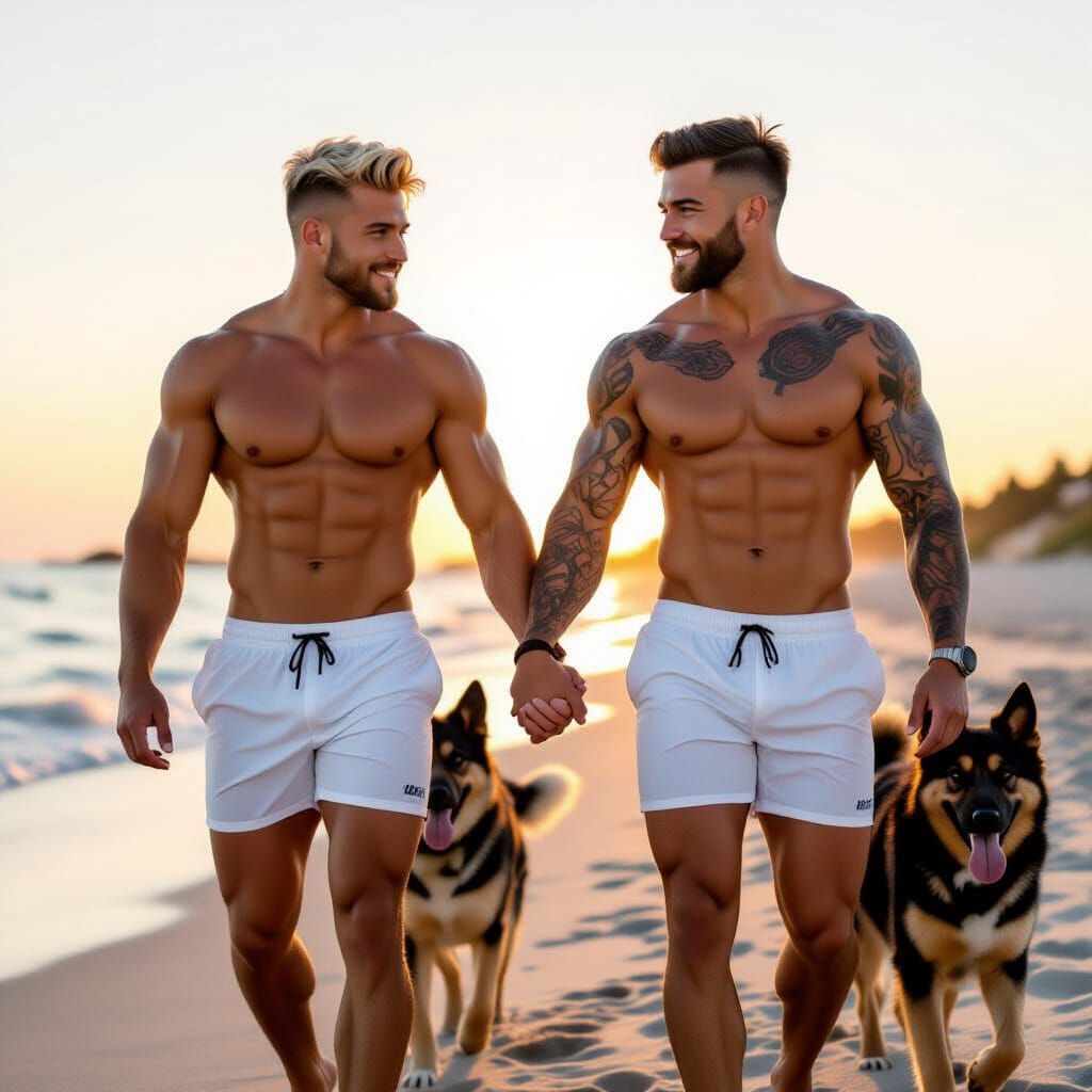 Couple Walking Beach at Sunset with Dogs