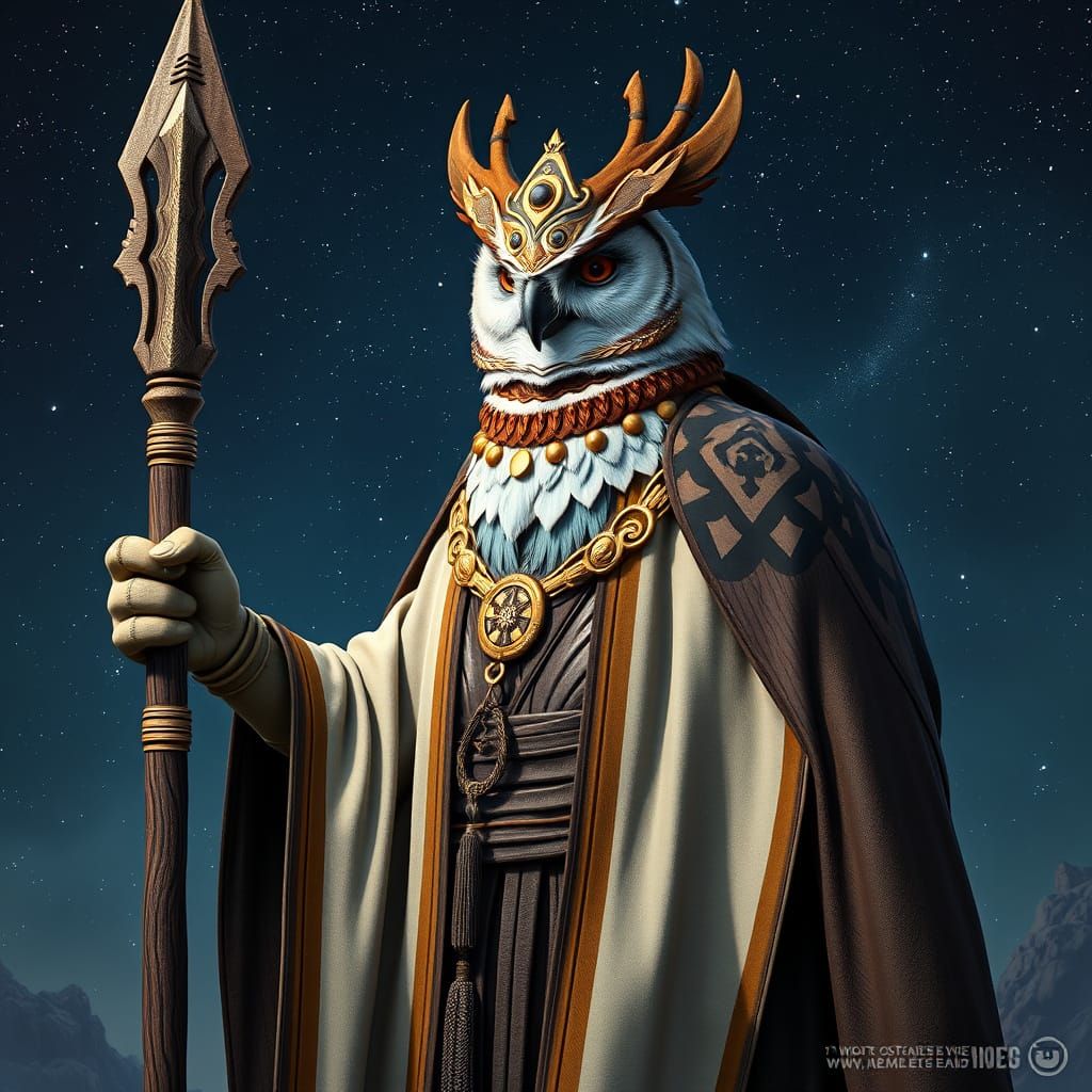 Regal Owl Jedi Master Under Starry Skies in Intricate Fantas...
