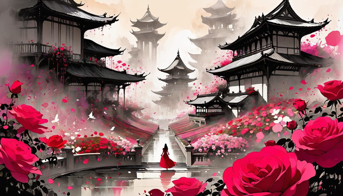 Princess Dwarfed by Gigantic Rose Garden in Ink Sketch Style