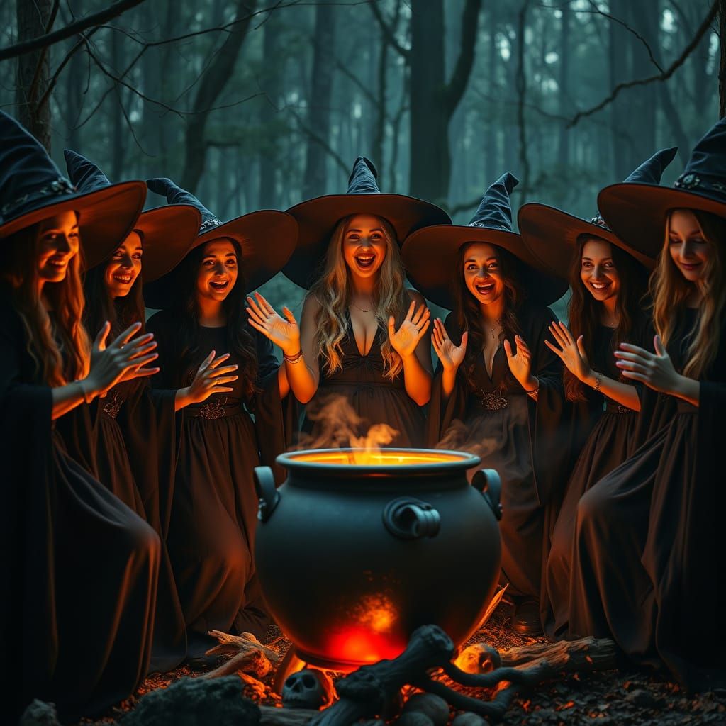 Beautiful Witches Dance Around Glowing Cauldron in Haunted F...