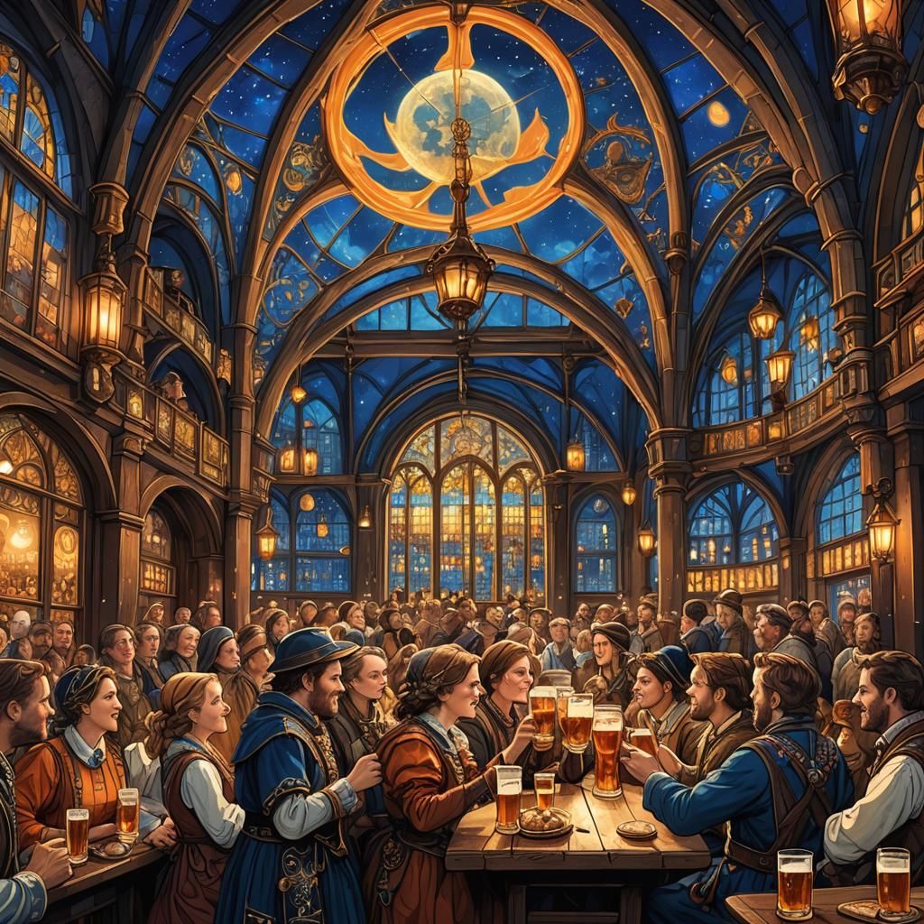 Festive German Beer Hall in Fantastical Digital Painting