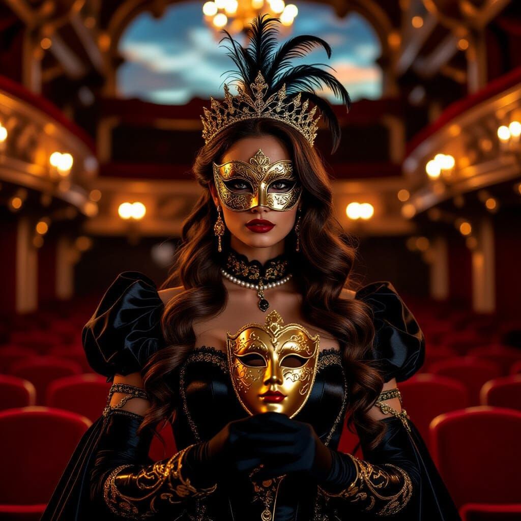 A dramatic, baroque-inspired portrait painting of a Mask War...