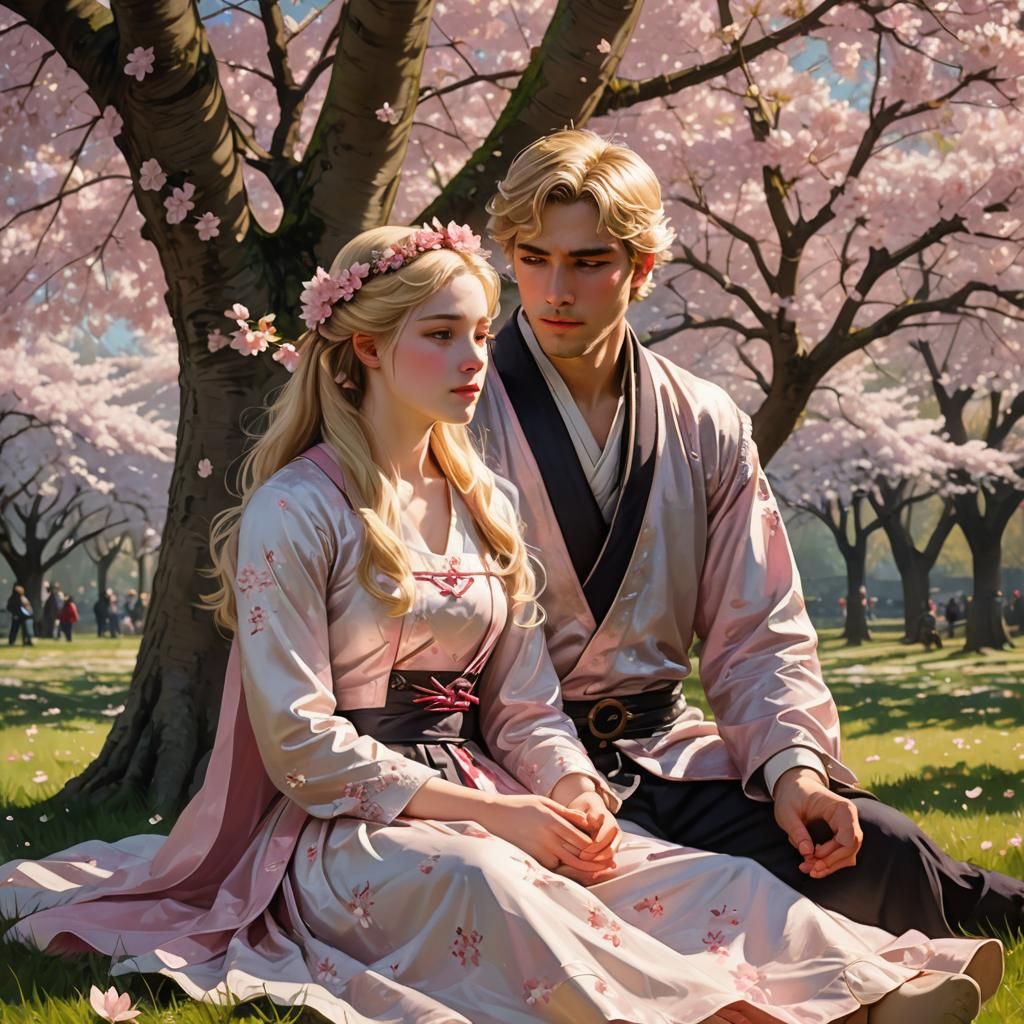 Princess in Cherry Blossom Garden, Watercolor Style