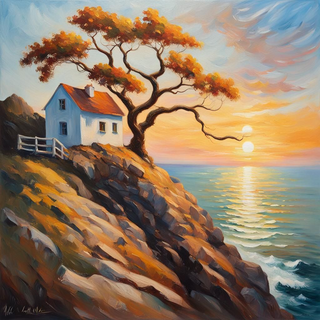 Ocean Sunset Oil Painting Inspired by Impressionism