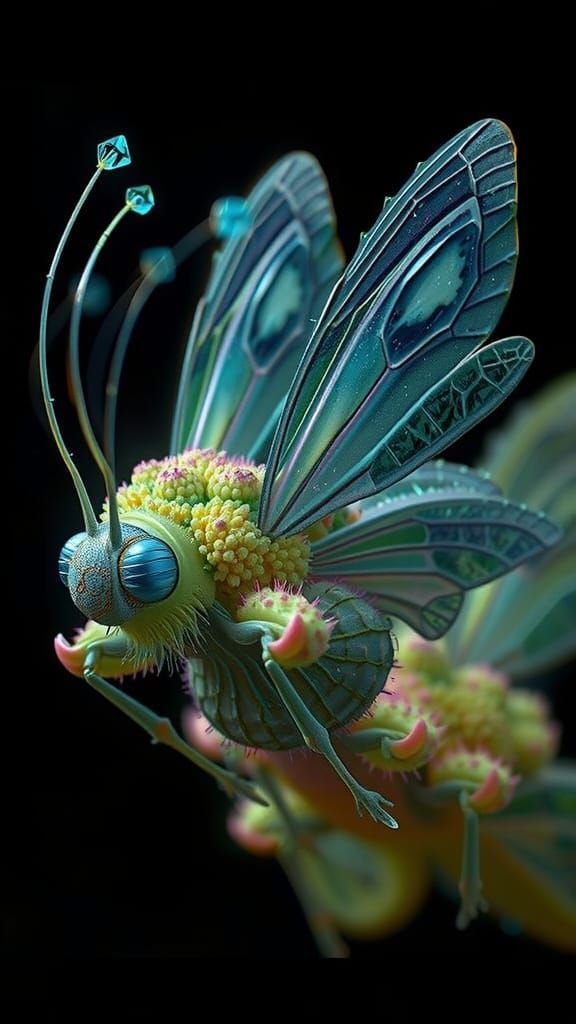 Surreal Butterfly Creature with Broccoli Wings and Crystal A...