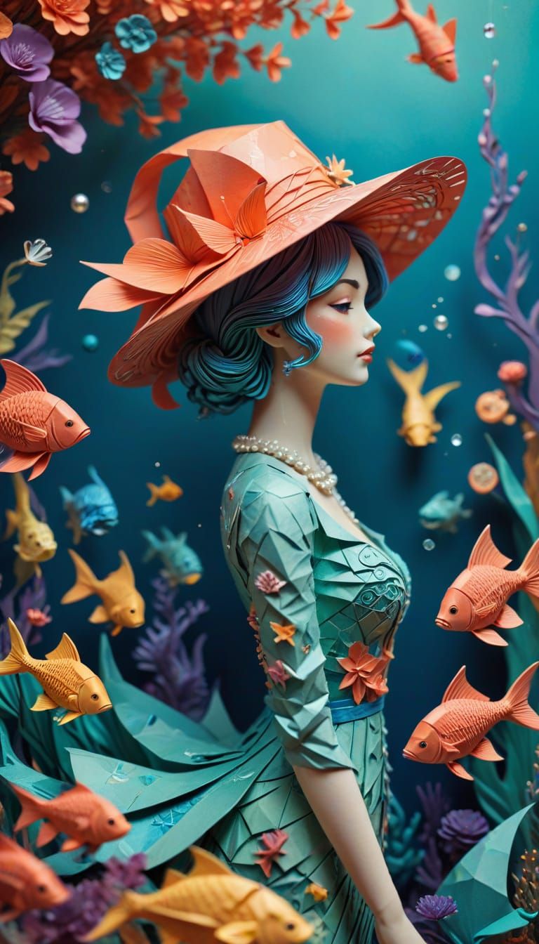 Steampunk Paper-Cut Collage of Woman and Mermaid