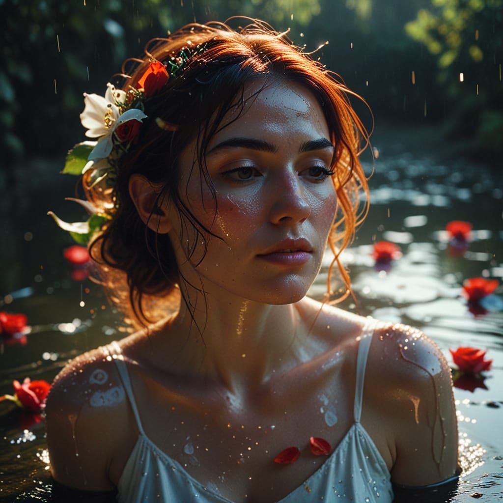 Glass Roses Reflected in Water with Crying Woman
