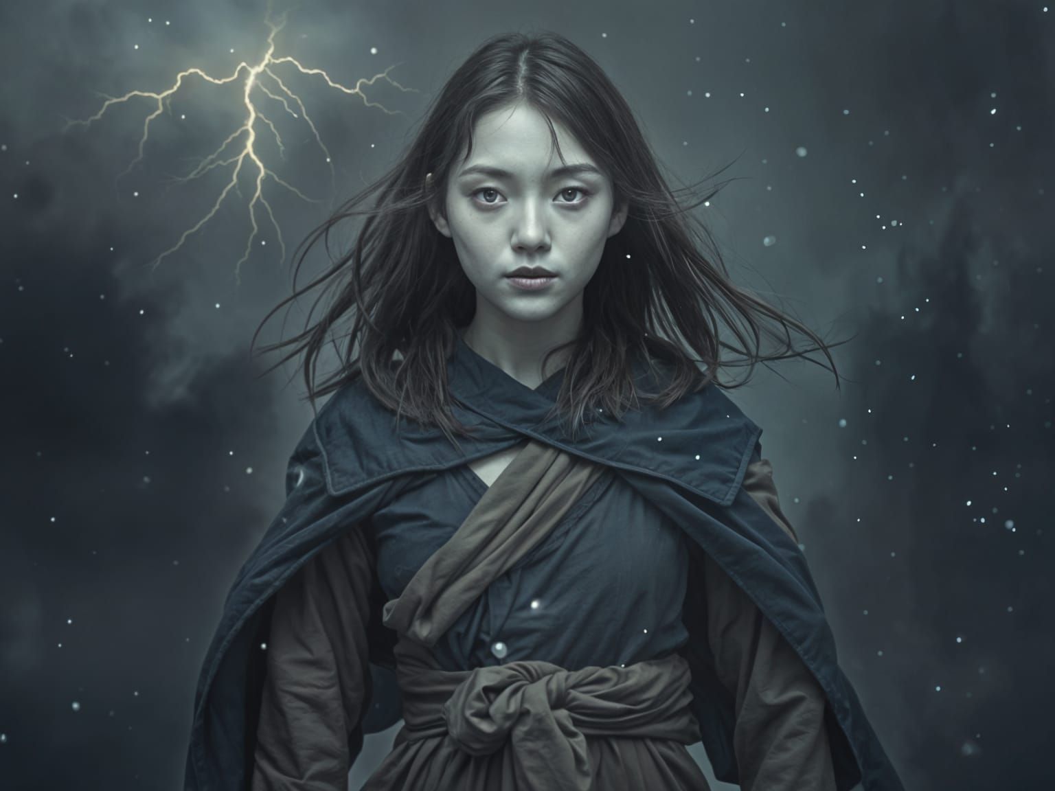 Cyan Skin Girl in Dark Fantasy Storm