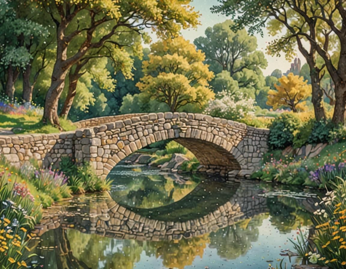 Pointillist River Scene with Medieval Bridge