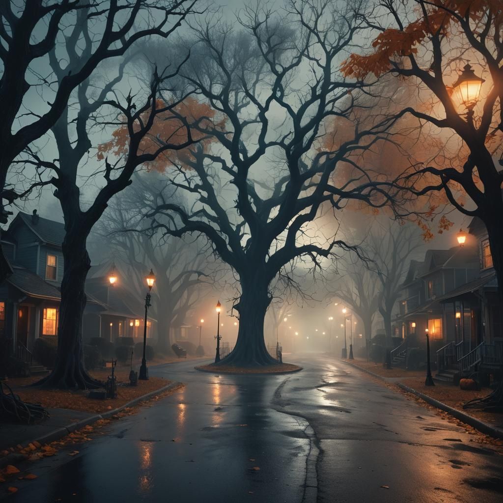 Eerie Witches Haunt a Misty Halloween Street