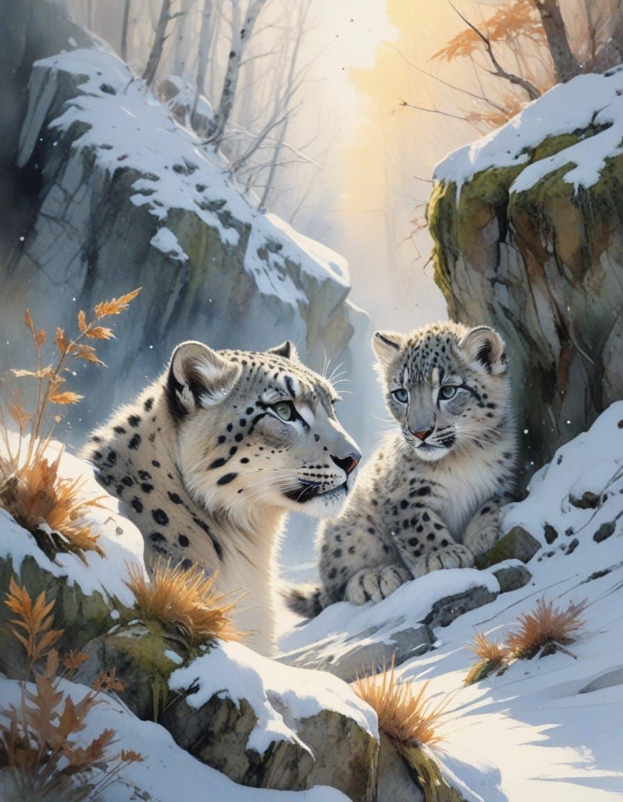 Snow Leopard Cubs in Spring Forest, Watercolor Painting