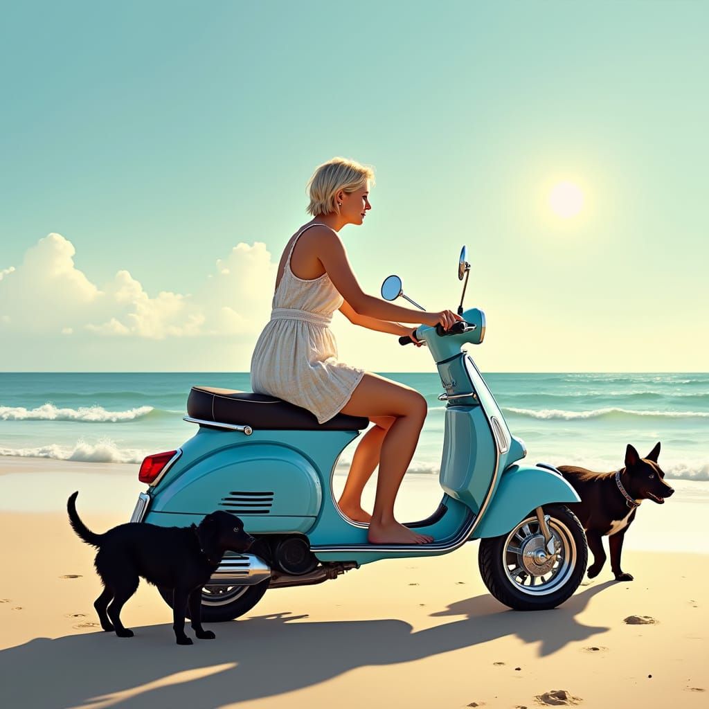 Woman on Beach Scooter with Dogs, Photorealistic Style