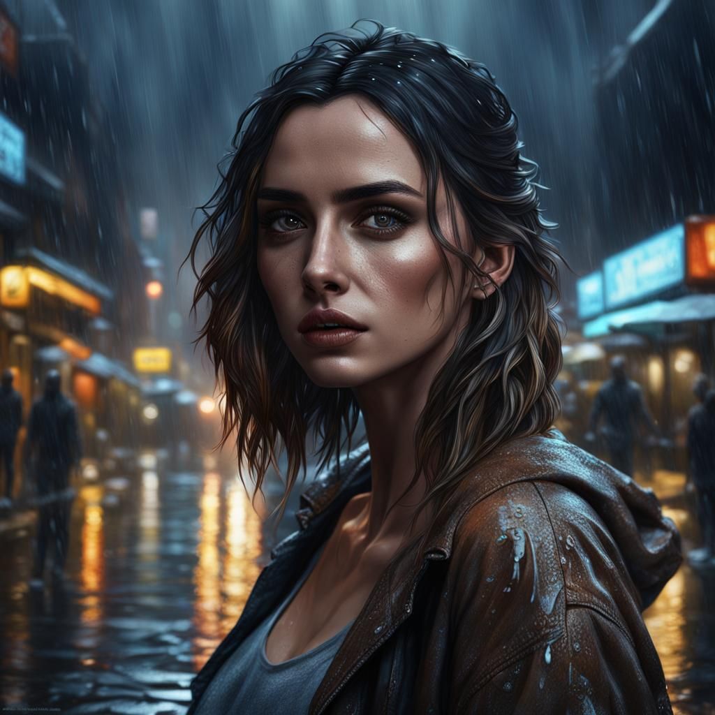 Woman Posing in Rainy Cityscape at Night
