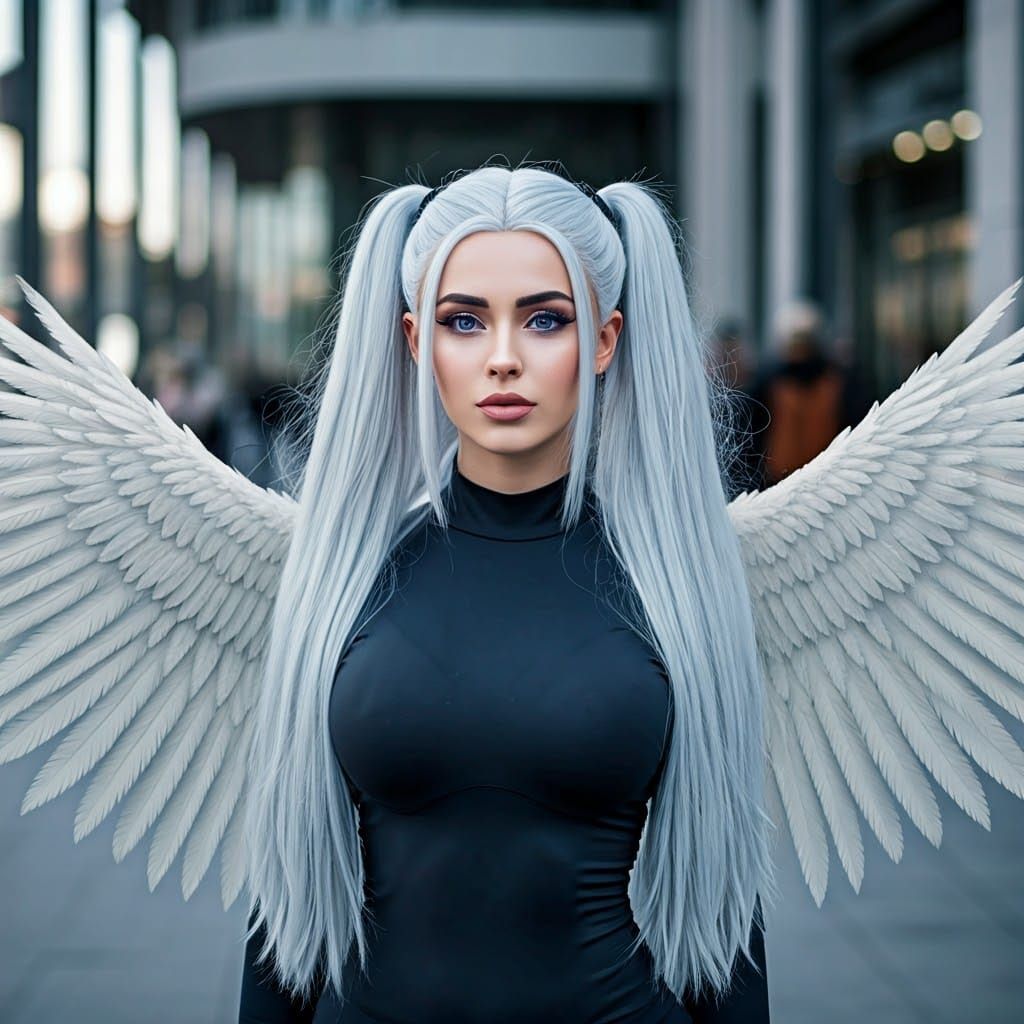 Real-Life Angel Woman in Cityscape, Photorealistic Style