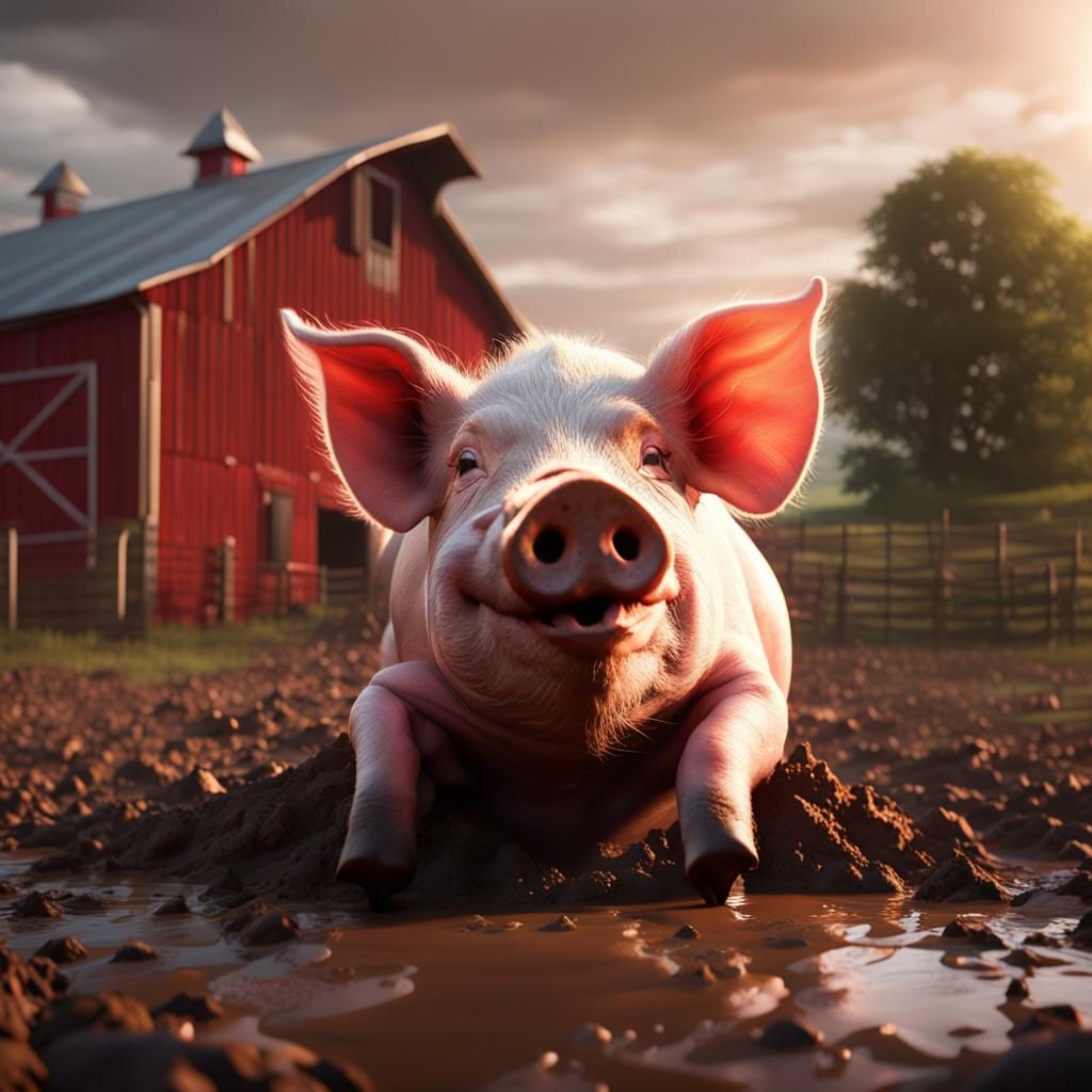 Happy Pig Rolling in Mud: Photorealistic Concept Art