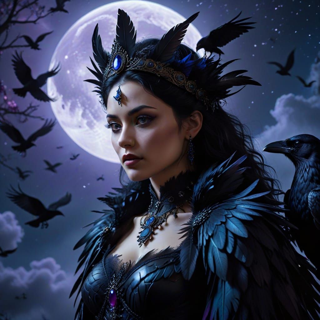 Raven Queen in Moonlit, Photorealistic Style