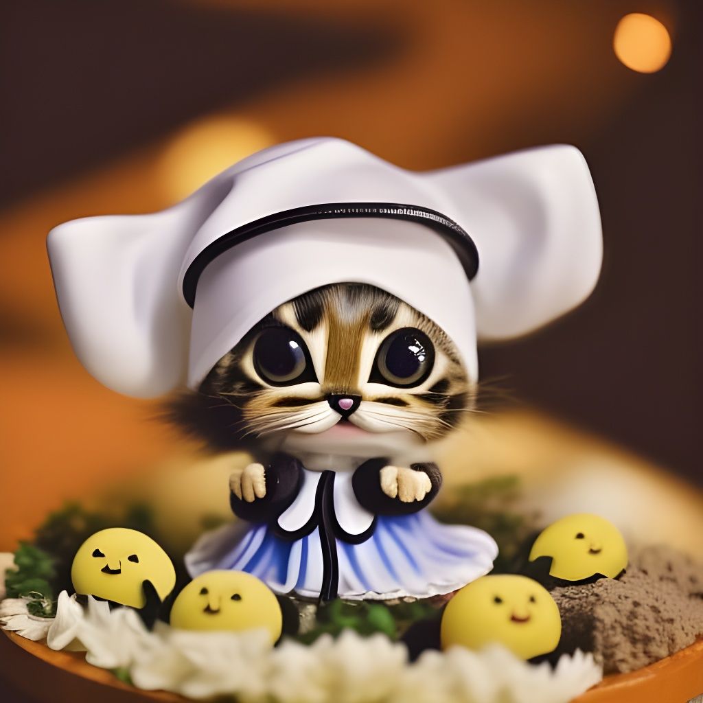 Chibi Kitten Chef in Aetherpunk Art Nouveau Kitchen
