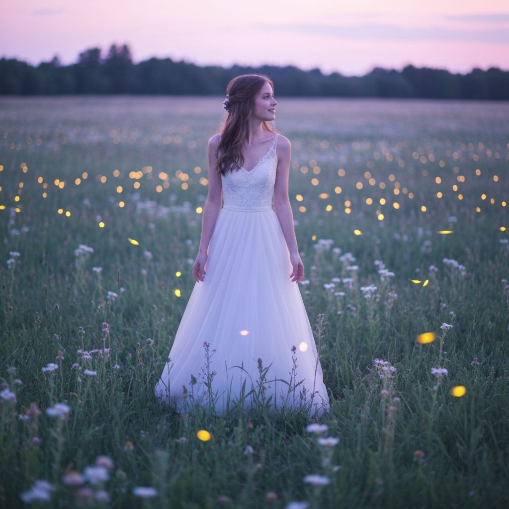 Girl with Fireflies Under Starry Sky, Impressionistic Style