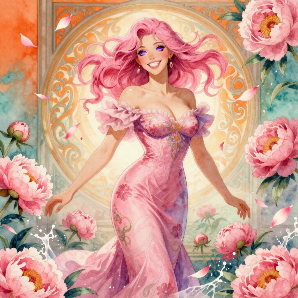 Pink Haired Woman in Peony Gown as Watercolor Concept Art