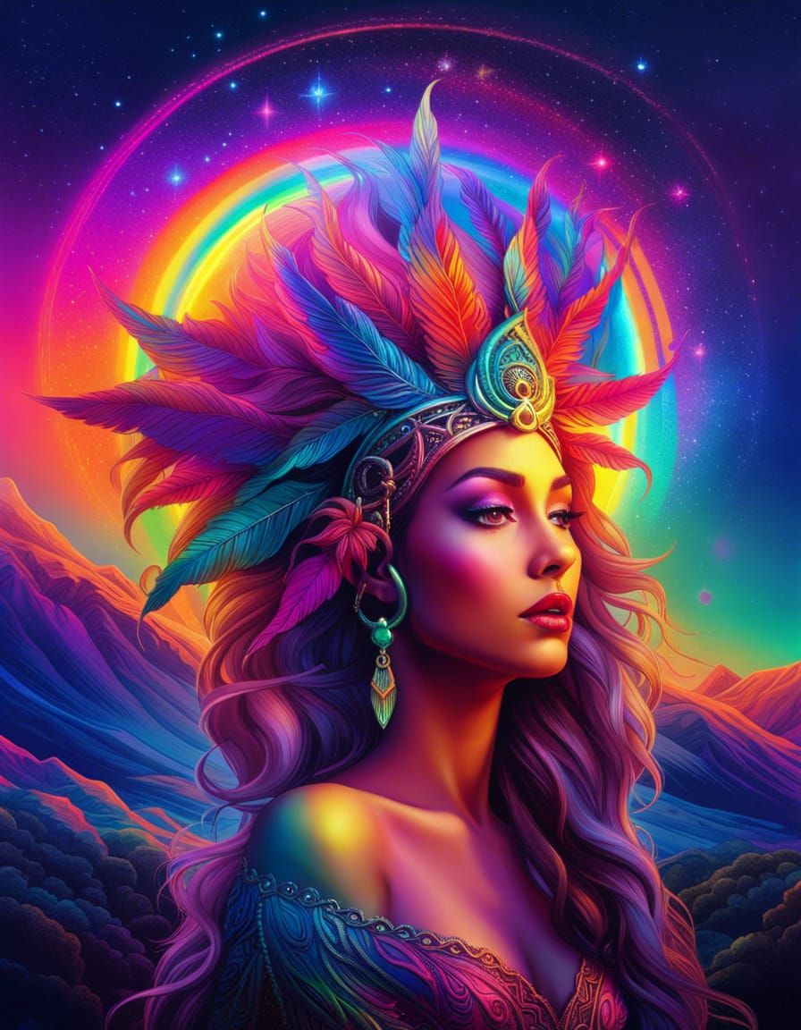 Rainbow Goddess in Neon Galactic Moonscape