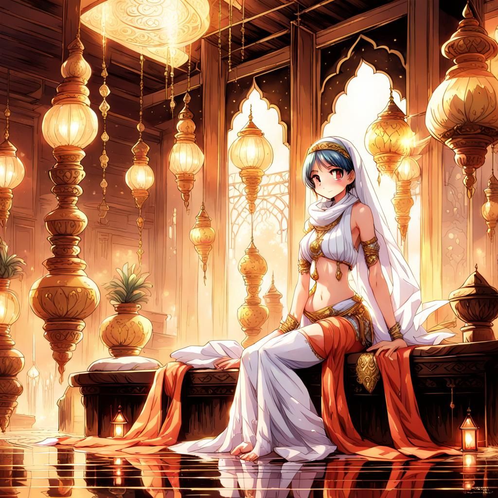 Arabian Princess in Anime Style with Lotus Fountain