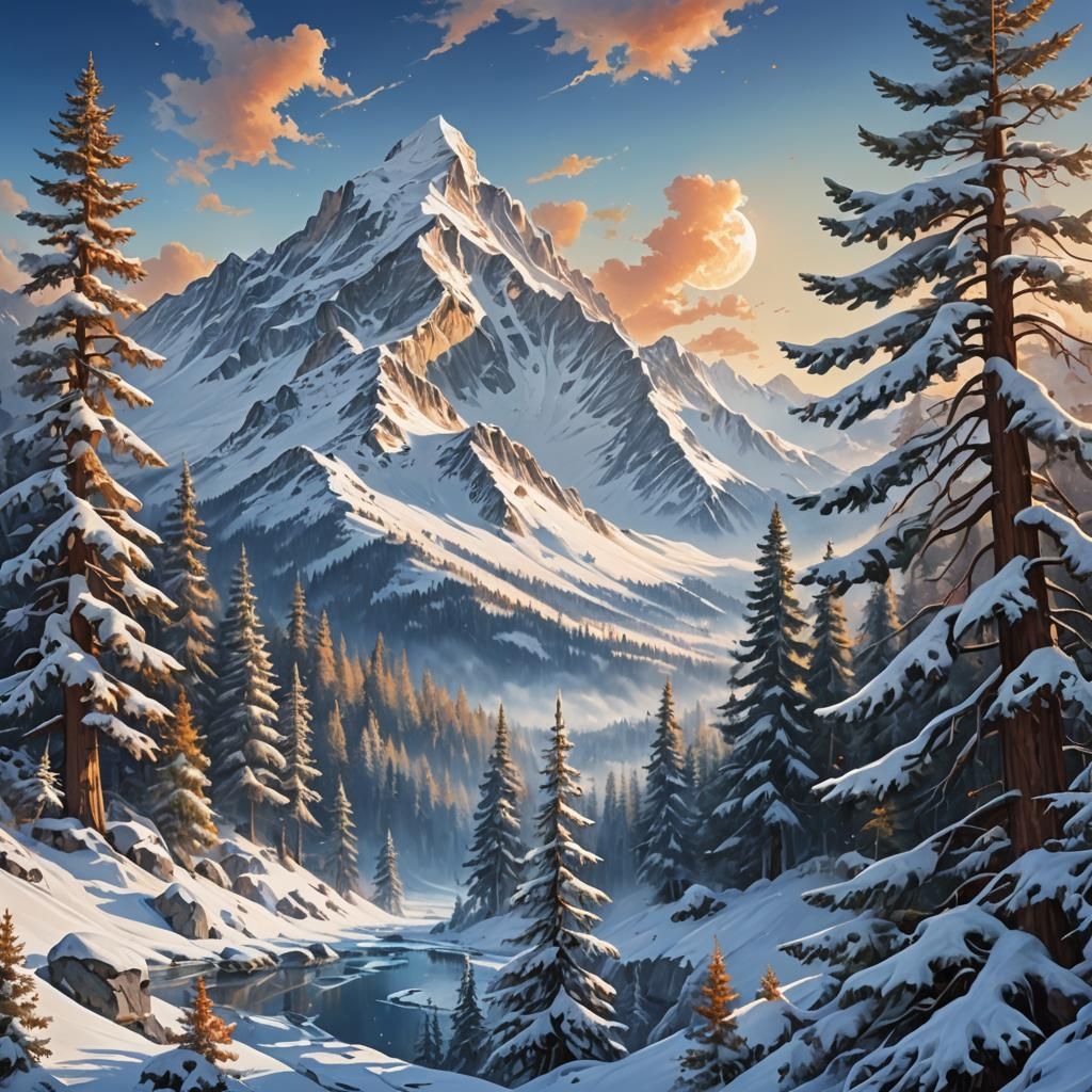 Whimsical Winter Landscape with Snow-Capped Mounta - AI Art