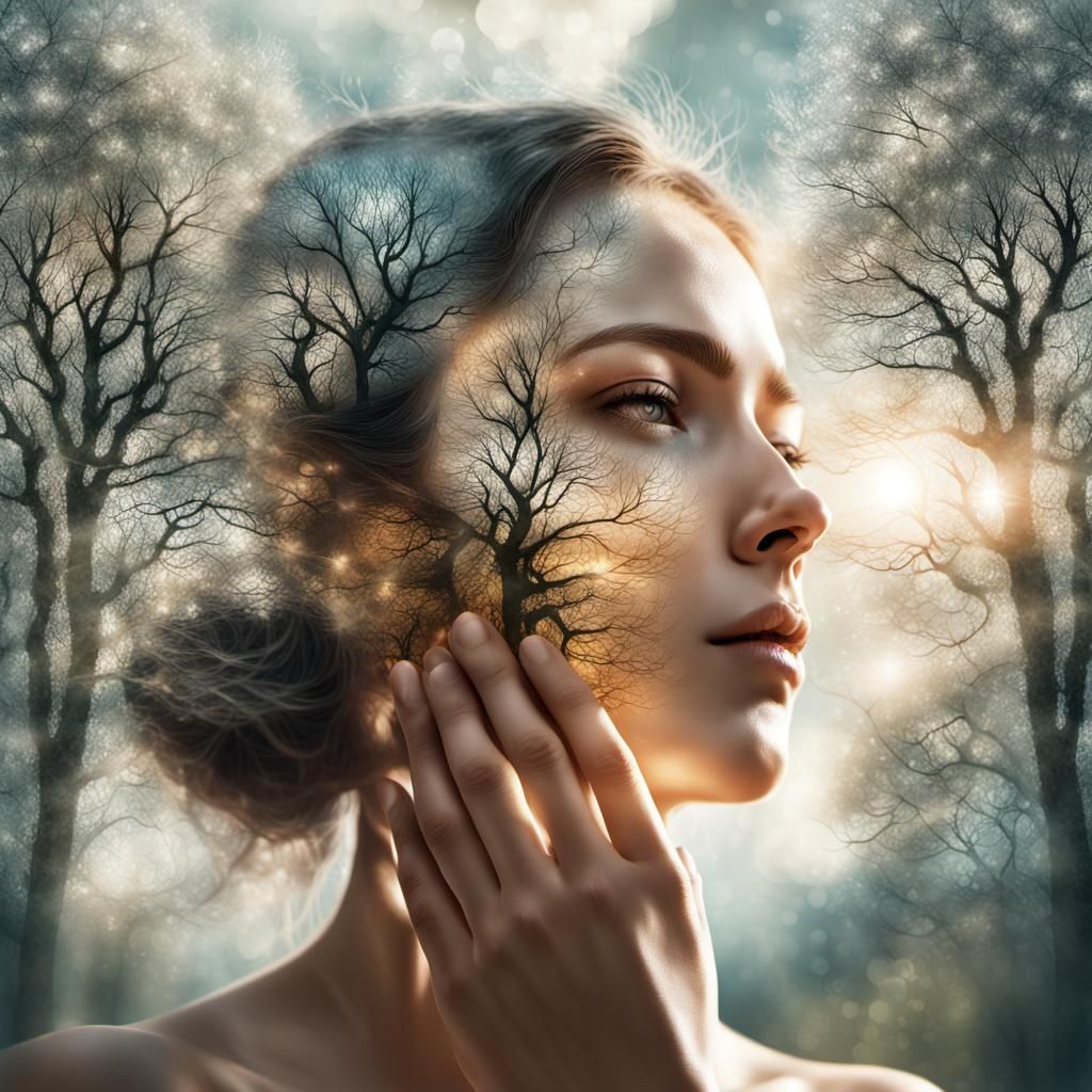 Double Exposure: Woman, Trees, and Spring Sunlight