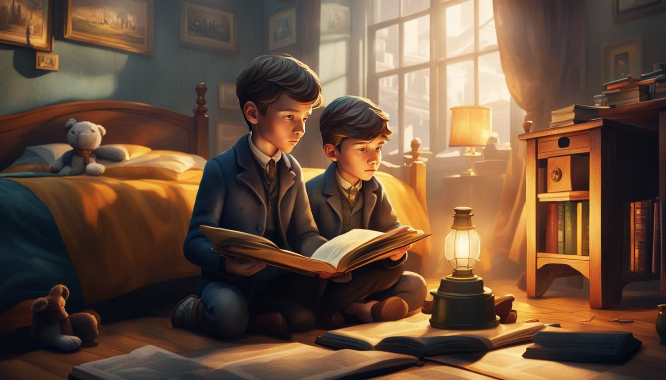 Brothers Reading Sherlock Holmes Storybook, Gouache Illustra...
