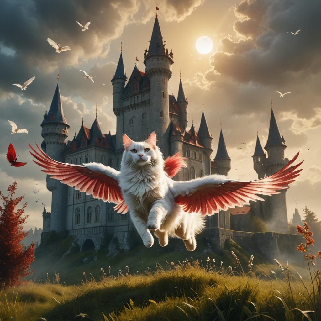 Winged Cat Over Castle: Magical Realism
