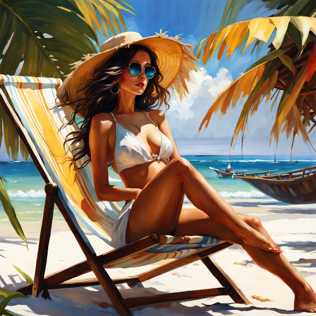 Woman Sunbathing on Tropical Beach: Digital Painting