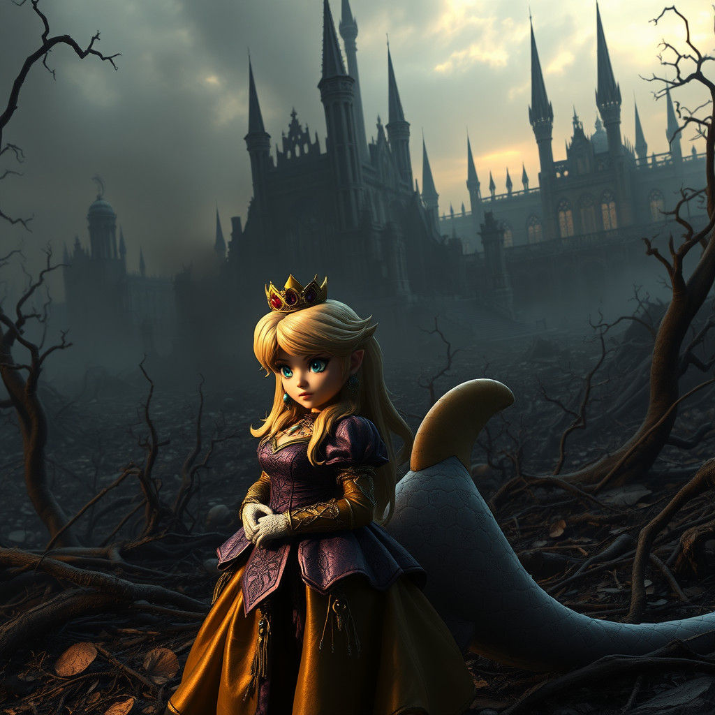 Dark Fantasy Princess Peach and Yoshi in Apocalypse
